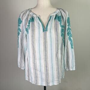 J Jill Love Linen Long Sleeve Top Size XS Striped White/Blue Coastal Embroidered